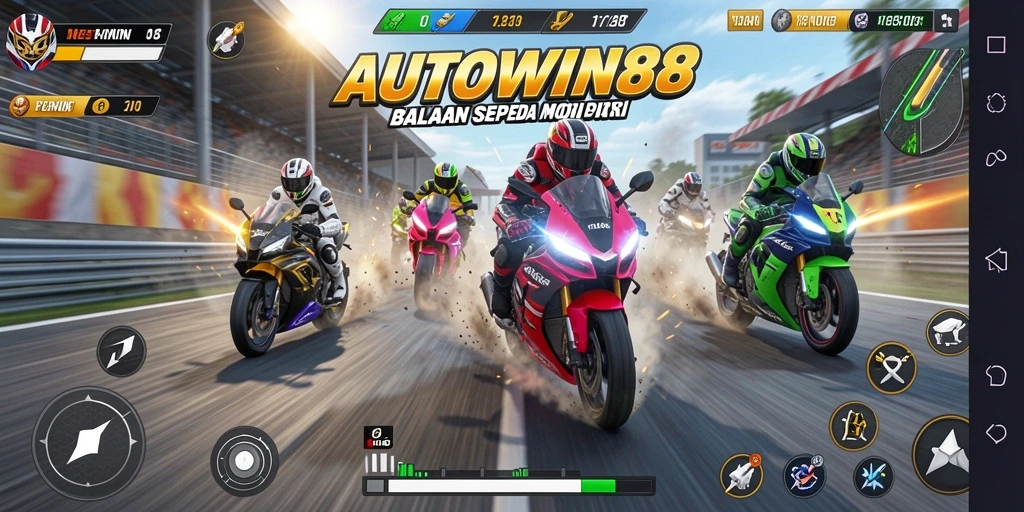Screenshot AUTOWIN88 menampilkan balapan sepeda motor yang intens dan dinamis.