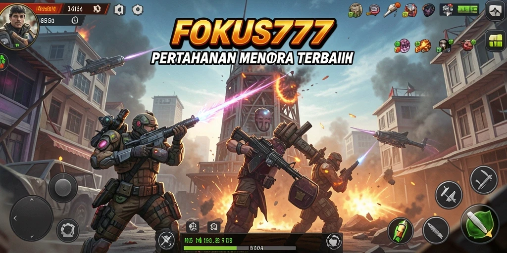 Screenshot gameplay FOKUS777 menampilkan aksi menara pertahanan melawan musuh.