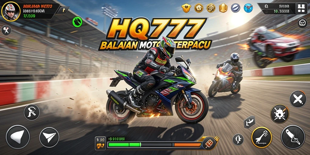 Screenshot gameplay HQ777 yang mendebarkan saat balapan motor.