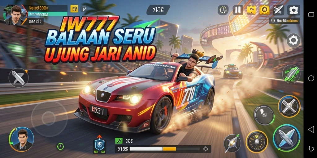 Gameplay balap IW777 dengan mobil cepat dan lintasan menantang.