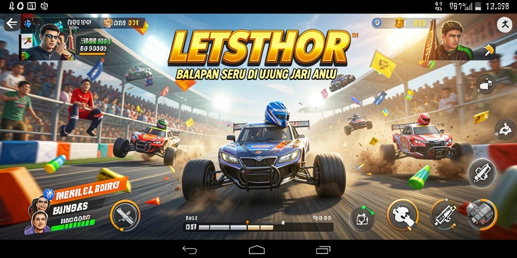 Tampilan gameplay seru dalam LETSTHOR saat balapan intens.