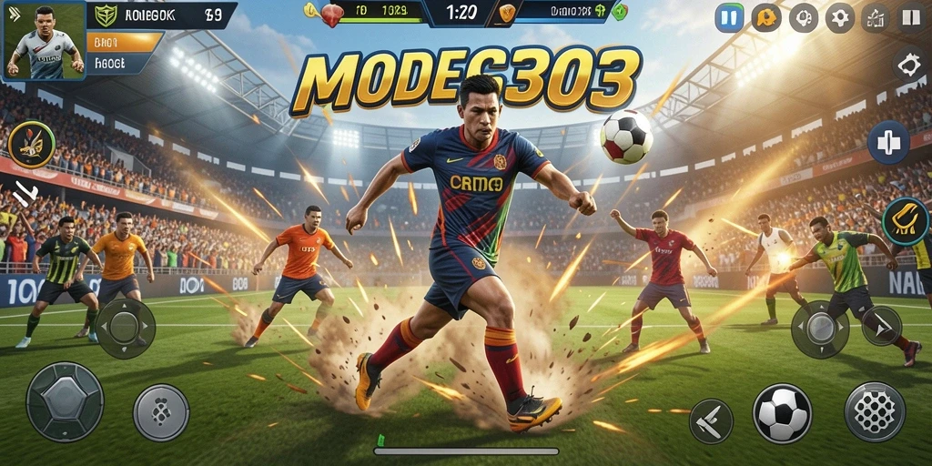 Tampilan gameplay seru dari MODE303 yang menggambarkan aksi di lapangan olahraga.