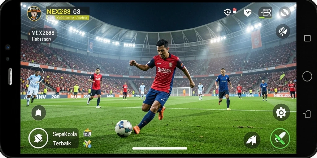 Tampilan layar utama NEX288 dengan aksi sepak bola yang seru.