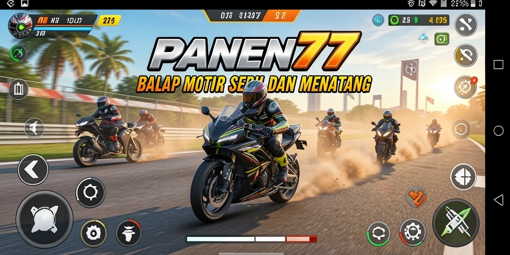 Screenshot gameplay PANEN77 menampilkan aksi balapan motor yang seru.