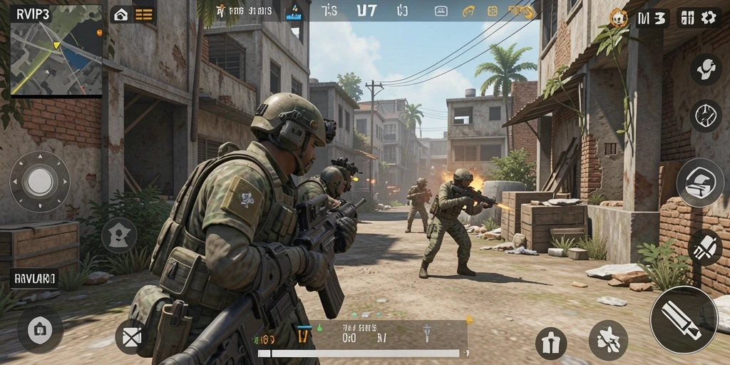 Screenshot gameplay RVIP3 menampilkan aksi tembak-menembak yang mendebarkan.