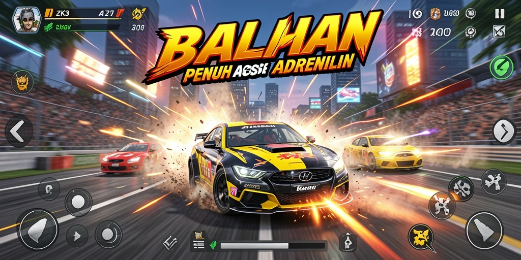 Screenshot gameplay ZK3 menampilkan aksi balap yang mendebarkan.